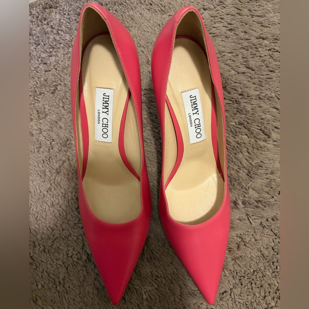 Jimmy Choo Coral-Pink Pointed Toe Leather Pumps